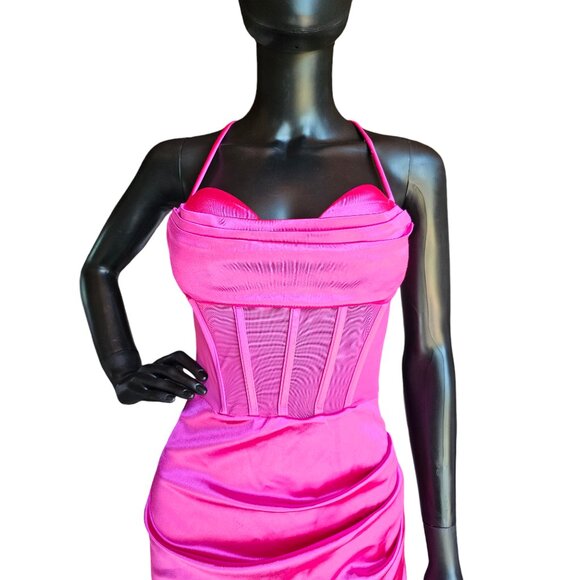 Lovesome Dresses & Skirts - Hot Pink Satin Illusion Panel Bodycon Mini Dress - Lovesome
